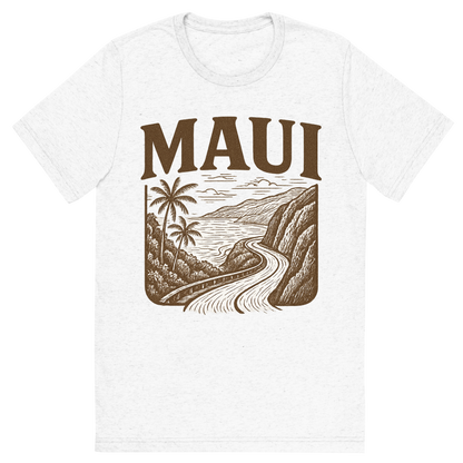 Front view of a Premium Tri-Blend Crew Neck T-Shirt in Solid White showing 'A typographic, nostalgic graphic of a typographic illustration of the words 'maui' with a vintage line art drawing of the road to hana'