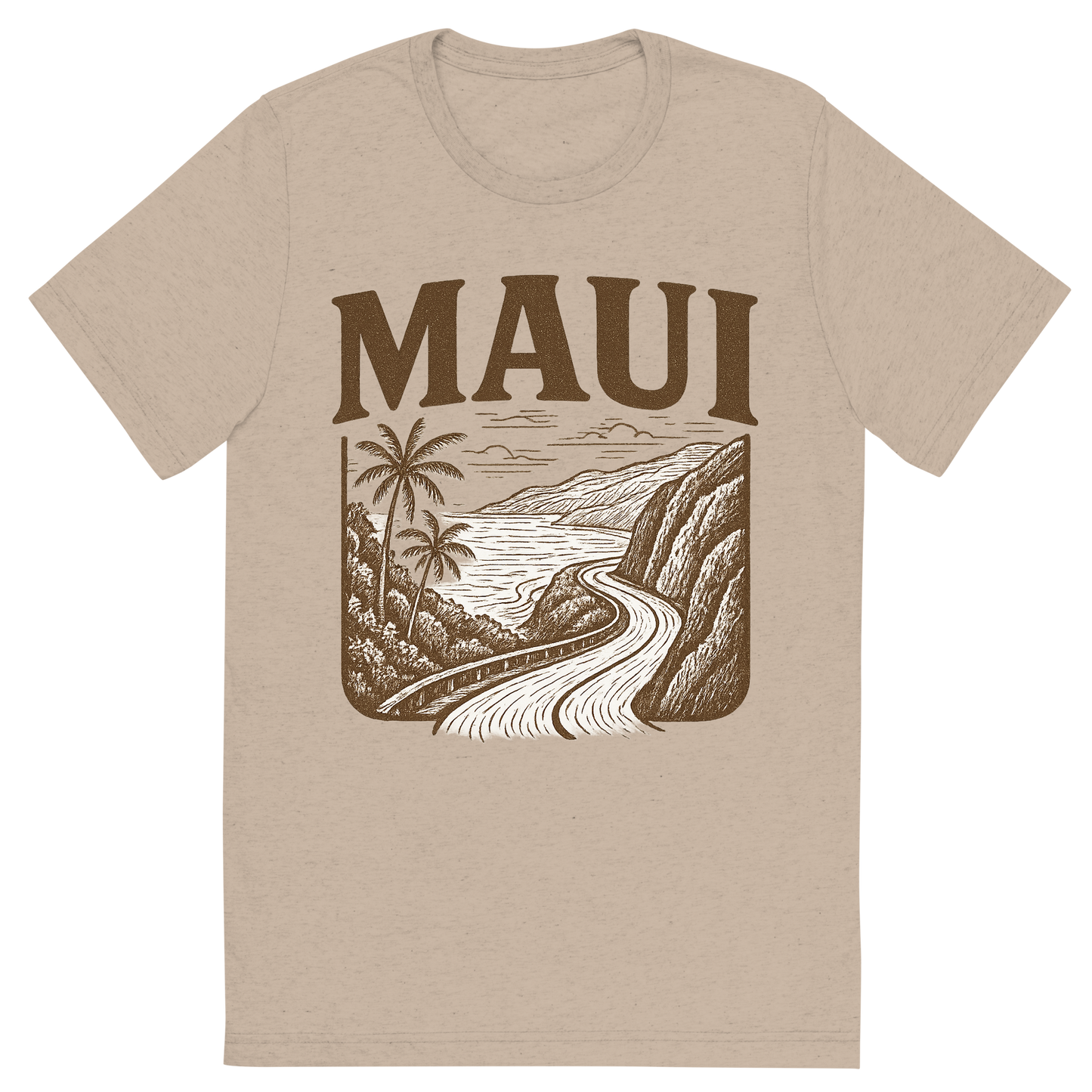 Front view of a Premium Tri-Blend Crew Neck T-Shirt in Tan showing 'A typographic, nostalgic graphic of a typographic illustration of the words 'maui' with a vintage line art drawing of the road to hana'