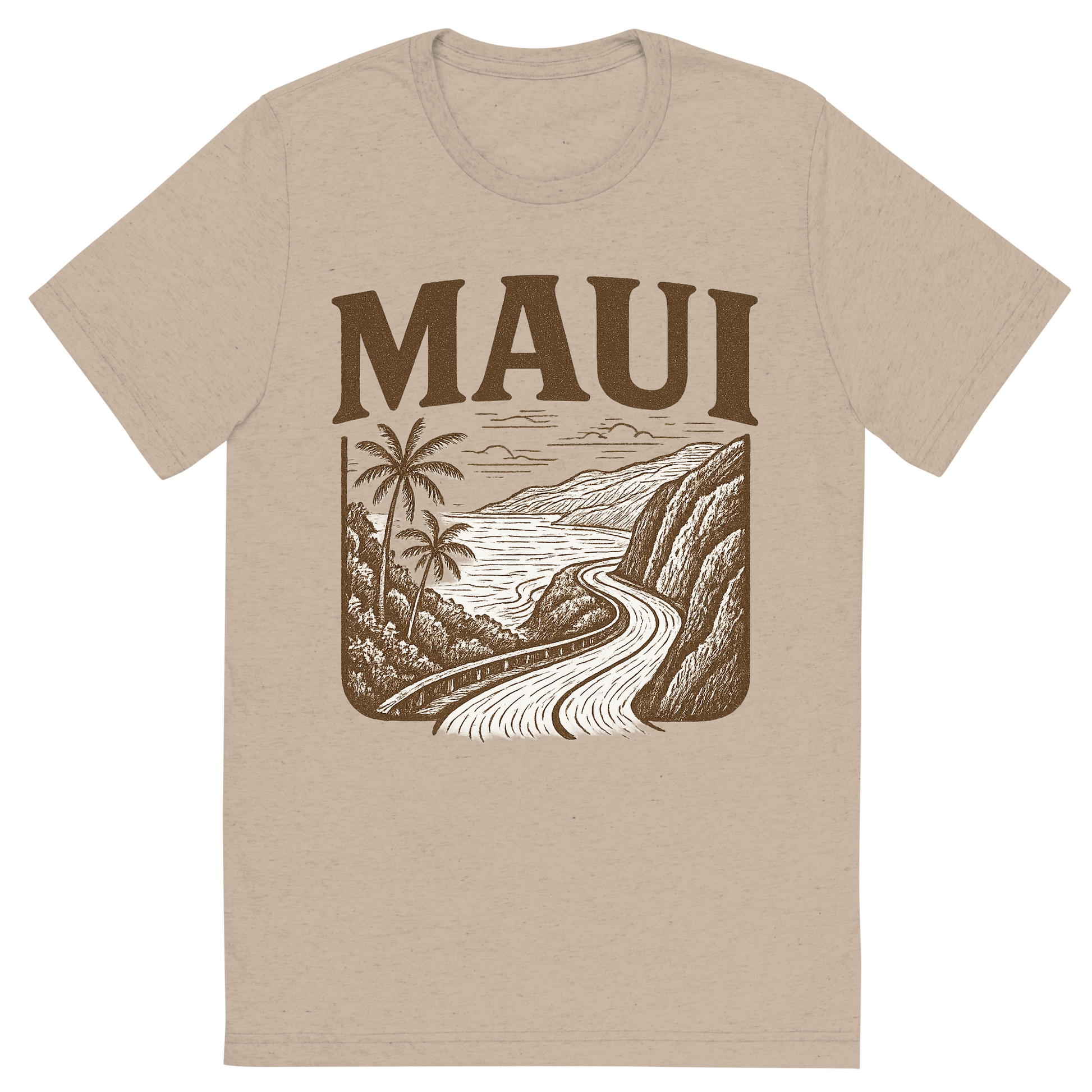 Front view of a Premium Tri-Blend Crew Neck T-Shirt in Tan showing 'A typographic, nostalgic graphic of a typographic illustration of the words 'maui' with a vintage line art drawing of the road to hana'