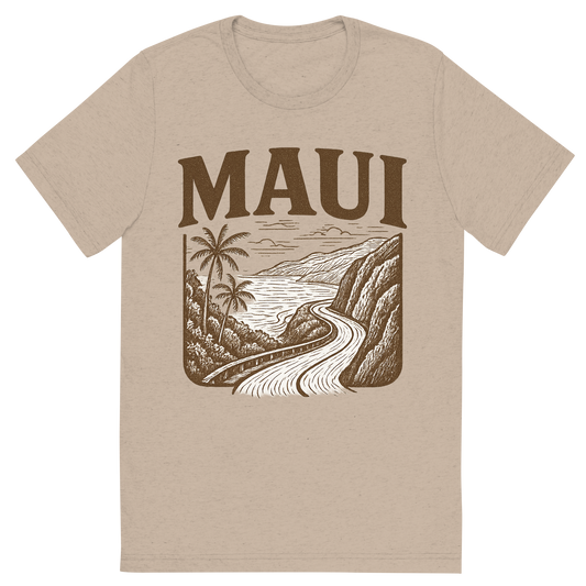 Front view of a Premium Tri-Blend Crew Neck T-Shirt in Tan showing 'A typographic, nostalgic graphic of a typographic illustration of the words 'maui' with a vintage line art drawing of the road to hana'