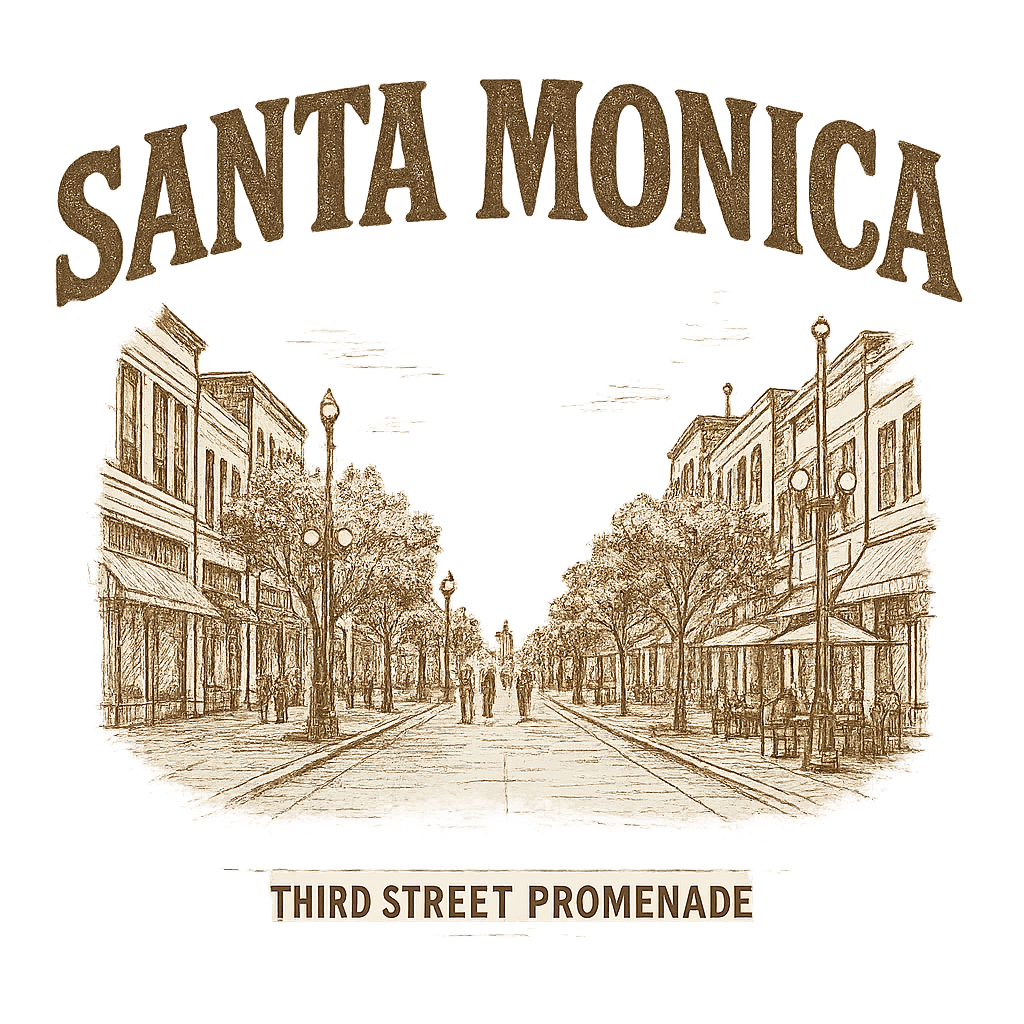 A typographic, nostalgic graphic of a typographic illustration of the words 'santa monica' with a vintage line art drawing of the third street promenade – a t-shirt design