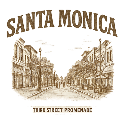 A typographic, nostalgic graphic of a typographic illustration of the words 'santa monica' with a vintage line art drawing of the third street promenade – a t-shirt design