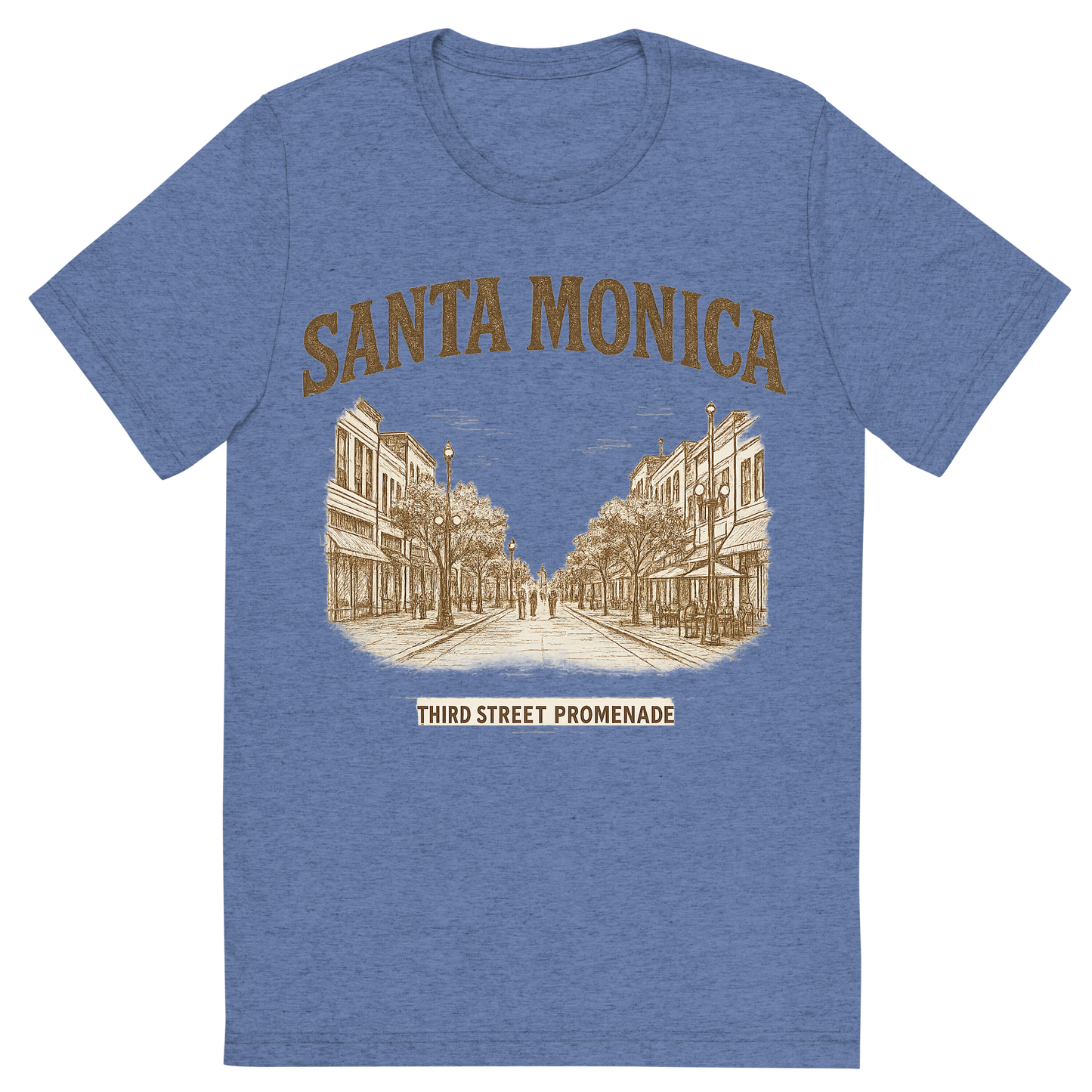 Front view of a Premium Tri-Blend Crew Neck T-Shirt in Blue showing 'A typographic, nostalgic graphic of a typographic illustration of the words 'santa monica' with a vintage line art drawing of the third street promenade'