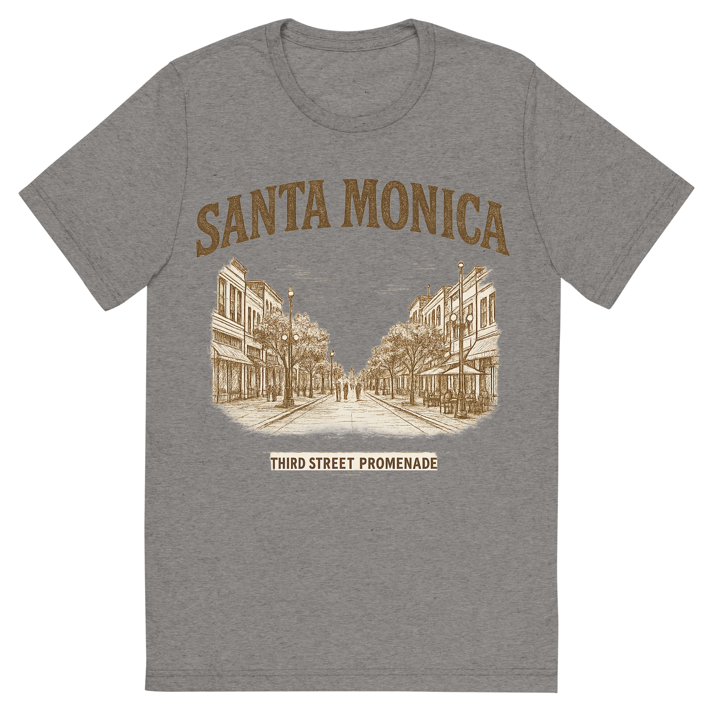 Front view of a Premium Tri-Blend Crew Neck T-Shirt in Grey showing 'A typographic, nostalgic graphic of a typographic illustration of the words 'santa monica' with a vintage line art drawing of the third street promenade'