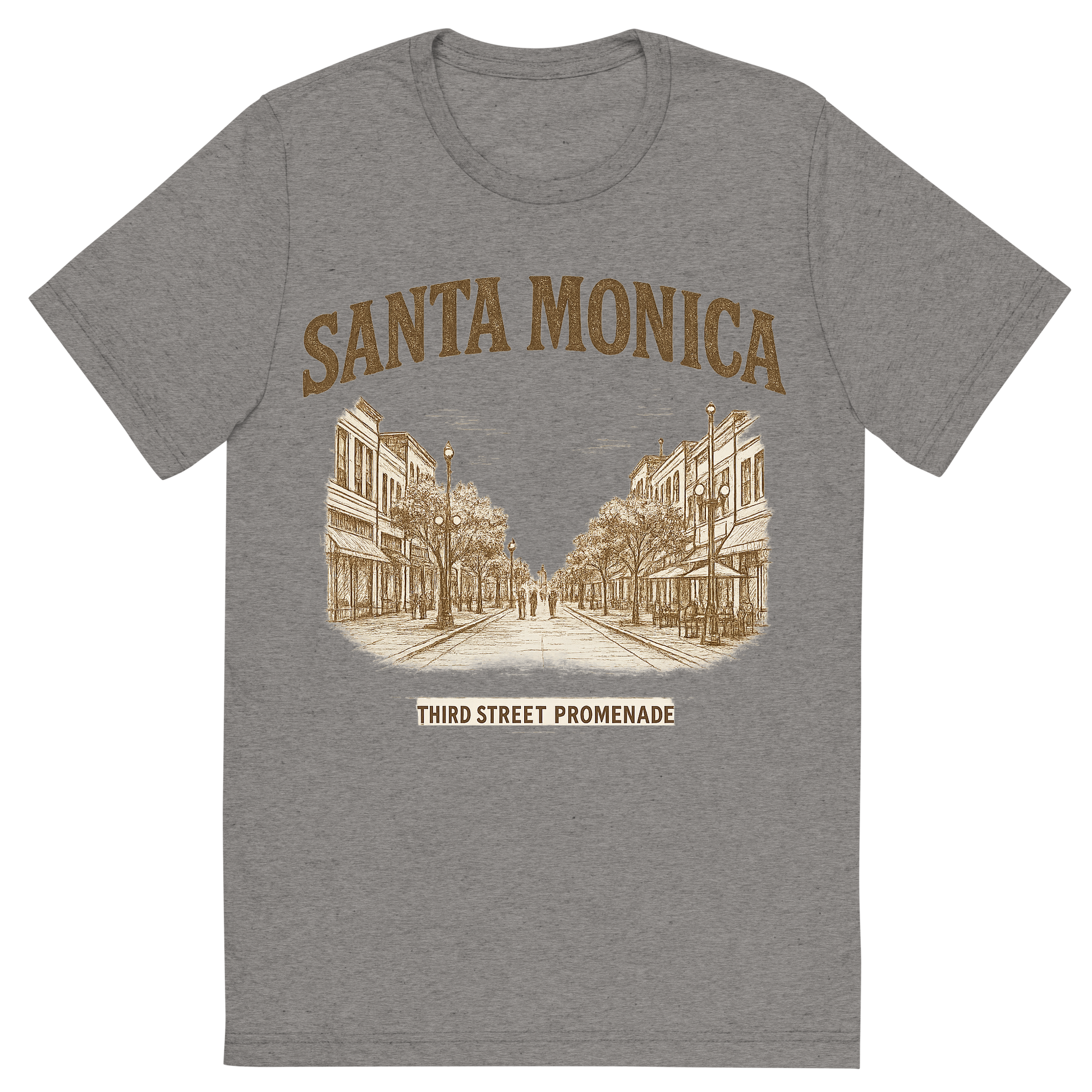 Front view of a Premium Tri-Blend Crew Neck T-Shirt in Grey showing 'A typographic, nostalgic graphic of a typographic illustration of the words 'santa monica' with a vintage line art drawing of the third street promenade'