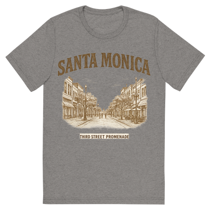 Front view of a Premium Tri-Blend Crew Neck T-Shirt in Grey showing 'A typographic, nostalgic graphic of a typographic illustration of the words 'santa monica' with a vintage line art drawing of the third street promenade'