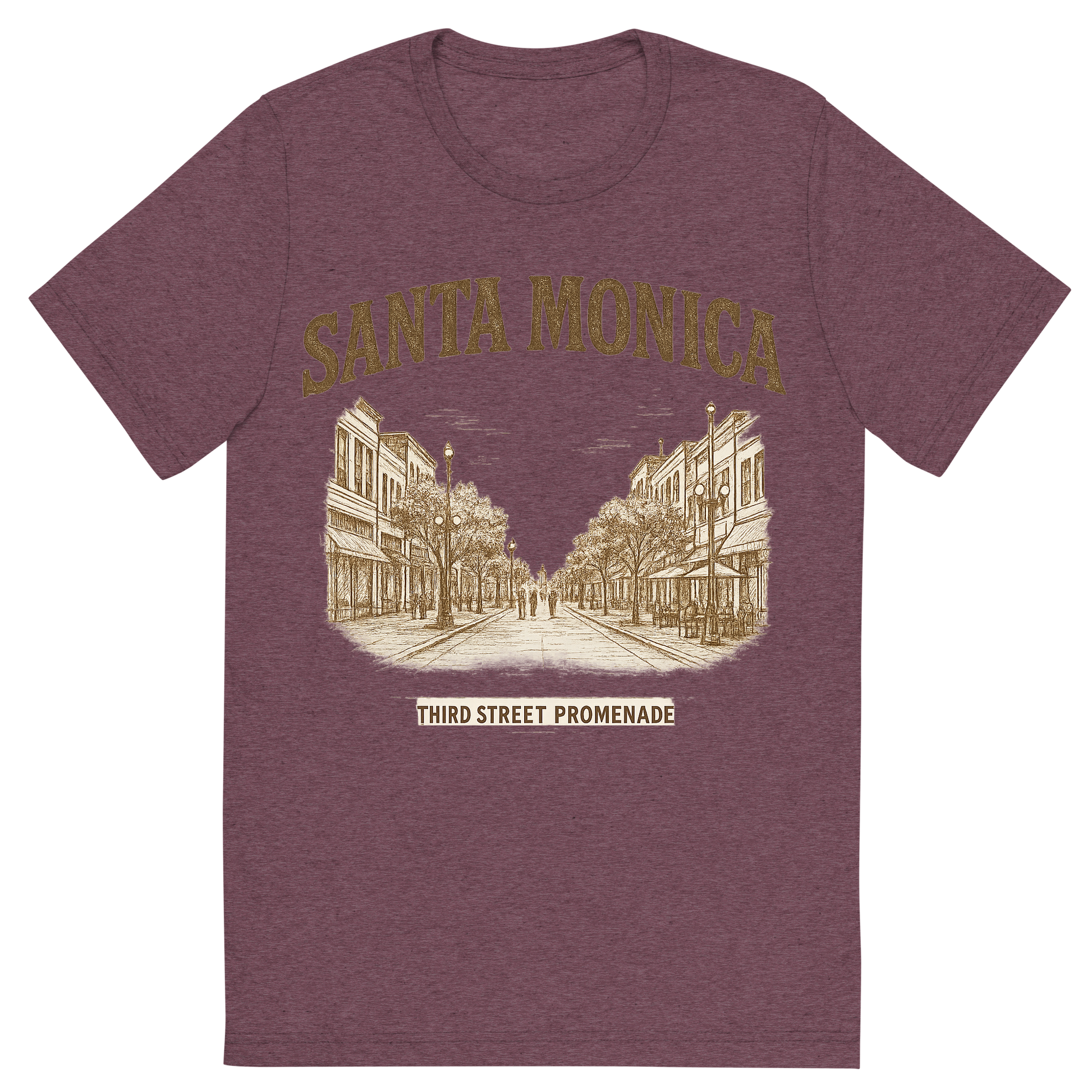 Front view of a Premium Tri-Blend Crew Neck T-Shirt in Maroon showing 'A typographic, nostalgic graphic of a typographic illustration of the words 'santa monica' with a vintage line art drawing of the third street promenade'