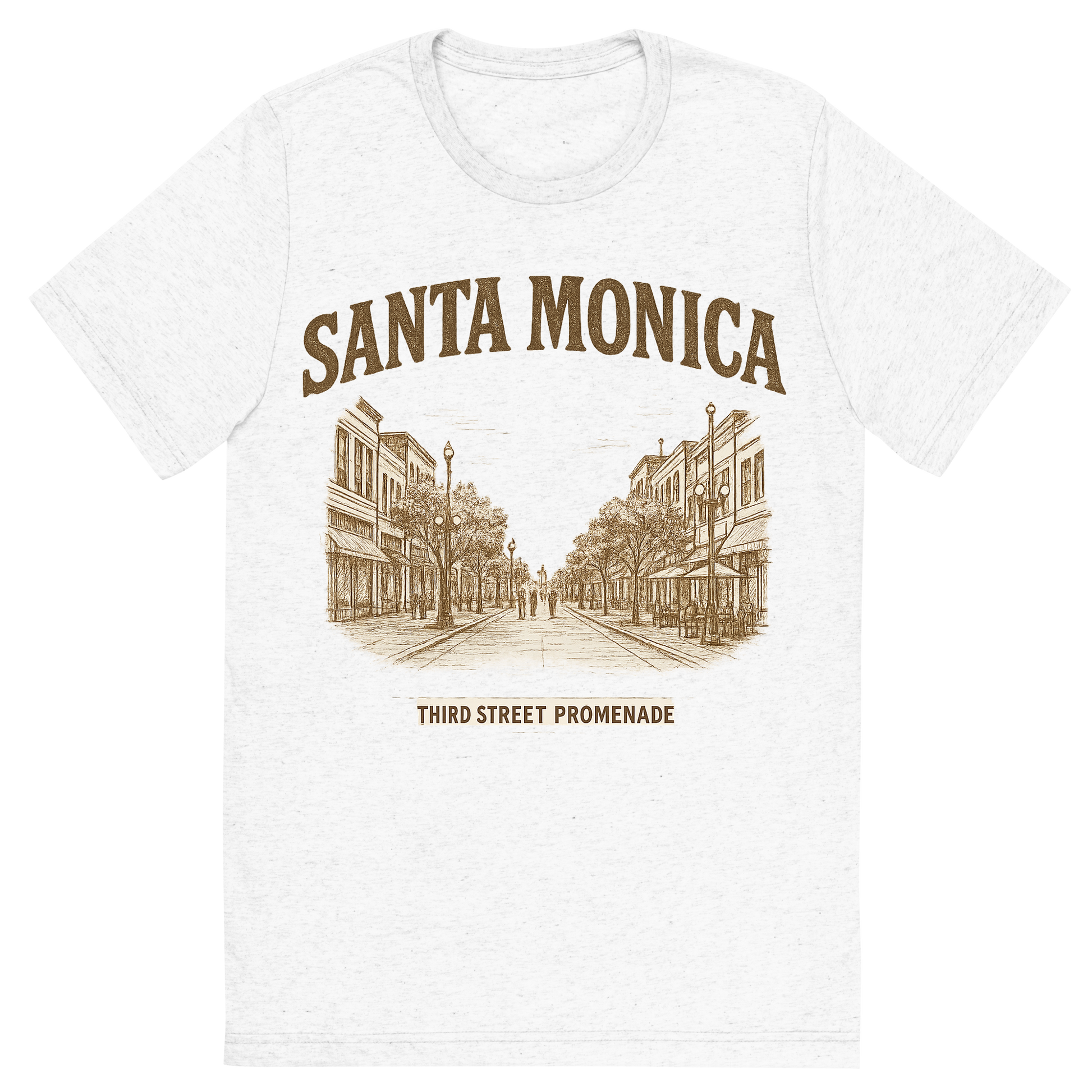 Front view of a Premium Tri-Blend Crew Neck T-Shirt in Solid White showing 'A typographic, nostalgic graphic of a typographic illustration of the words 'santa monica' with a vintage line art drawing of the third street promenade'
