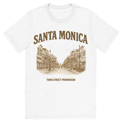 Front view of a Premium Tri-Blend Crew Neck T-Shirt in Solid White showing 'A typographic, nostalgic graphic of a typographic illustration of the words 'santa monica' with a vintage line art drawing of the third street promenade'