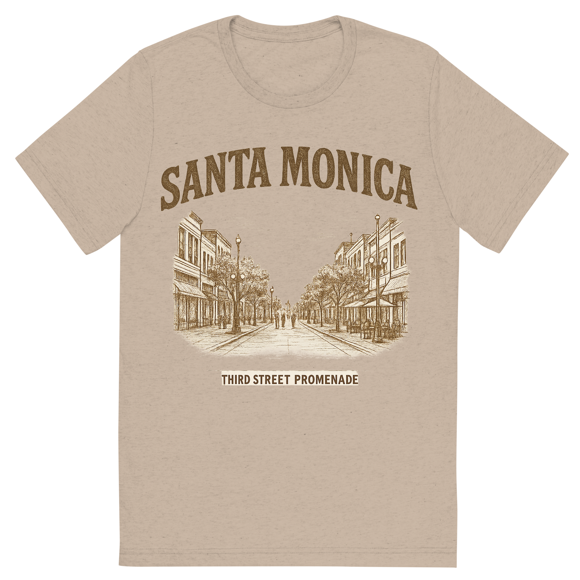 Front view of a Premium Tri-Blend Crew Neck T-Shirt in Tan showing 'A typographic, nostalgic graphic of a typographic illustration of the words 'santa monica' with a vintage line art drawing of the third street promenade'