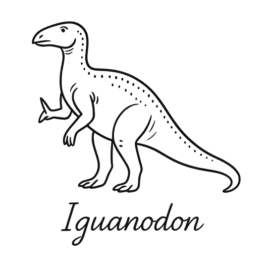 A flat, neutral graphic of a clean ink drawing of an iguanodon with thumb spike and upright stance. “iguanodon” is written beneath in graceful handwriting. ink illustration on a white background. - a t-shirt design
