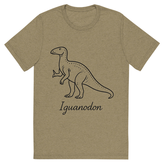 Front view of a Premium Tri-Blend Crew Neck T-Shirt in Olive showing 'A flat, neutral graphic of a clean ink drawing of an iguanodon with thumb spike and upright stance. “iguanodon” is written beneath in graceful handwriting. ink illustration on a white background.'