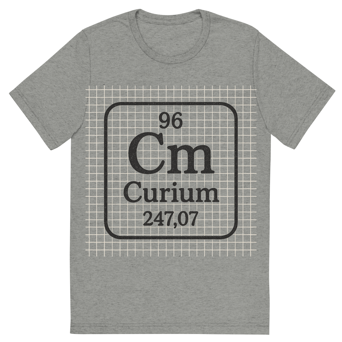 Front view of a Premium Tri-Blend Crew Neck T-Shirt in Athletic Grey showing 'A line art, nostalgic graphic of curium's entry on the periodic table, use a dark color for the lines and text'
