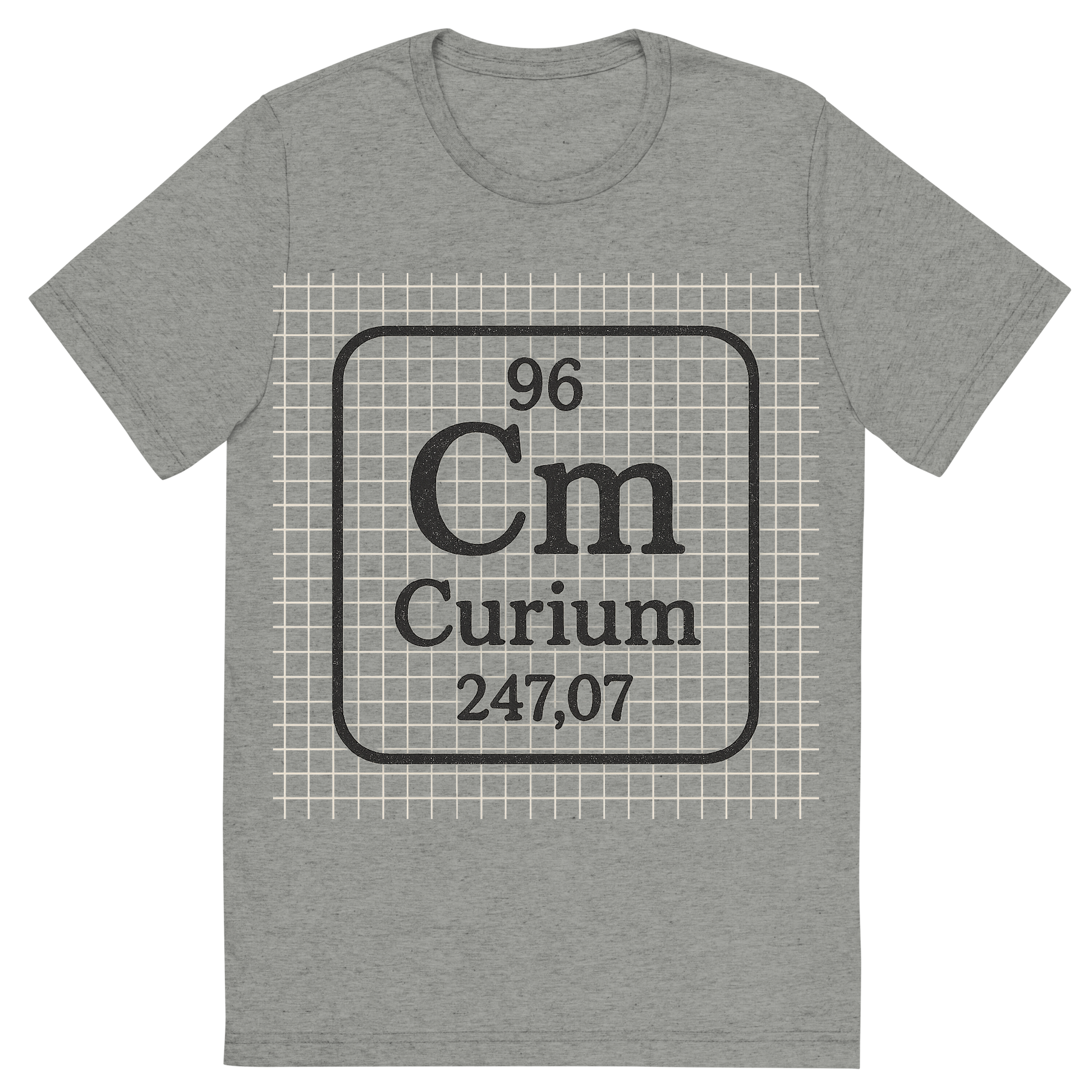 Front view of a Premium Tri-Blend Crew Neck T-Shirt in Athletic Grey showing 'A line art, nostalgic graphic of curium's entry on the periodic table, use a dark color for the lines and text'