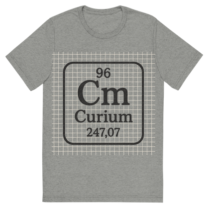 Front view of a Premium Tri-Blend Crew Neck T-Shirt in Athletic Grey showing 'A line art, nostalgic graphic of curium's entry on the periodic table, use a dark color for the lines and text'