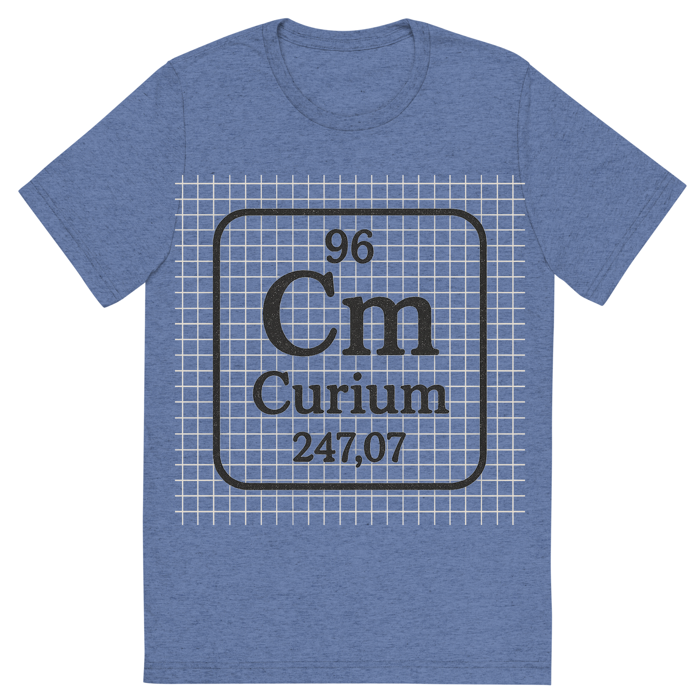 Front view of a Premium Tri-Blend Crew Neck T-Shirt in Blue showing 'A line art, nostalgic graphic of curium's entry on the periodic table, use a dark color for the lines and text'