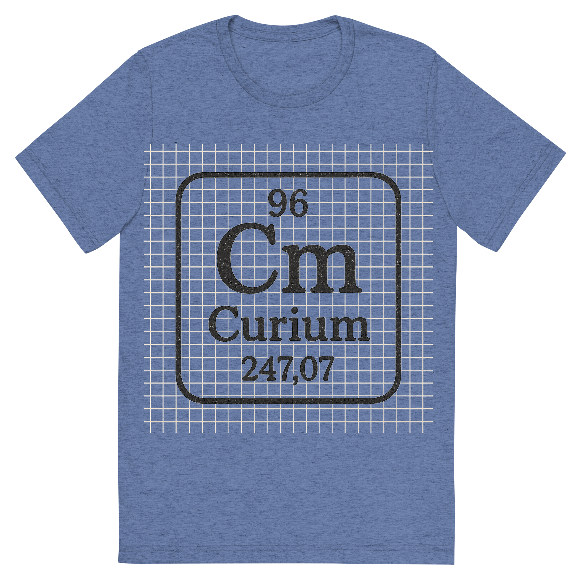 Front view of a Premium Tri-Blend Crew Neck T-Shirt in Blue showing 'A line art, nostalgic graphic of curium's entry on the periodic table, use a dark color for the lines and text'