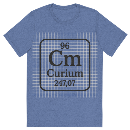 Front view of a Premium Tri-Blend Crew Neck T-Shirt in Blue showing 'A line art, nostalgic graphic of curium's entry on the periodic table, use a dark color for the lines and text'