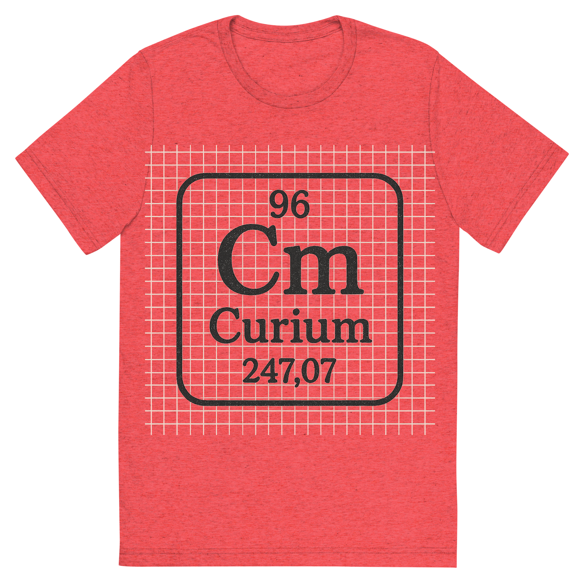 Front view of a Premium Tri-Blend Crew Neck T-Shirt in Red showing 'A line art, nostalgic graphic of curium's entry on the periodic table, use a dark color for the lines and text'