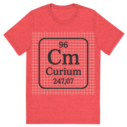 Front view of a Premium Tri-Blend Crew Neck T-Shirt in Red showing 'A line art, nostalgic graphic of curium's entry on the periodic table, use a dark color for the lines and text'