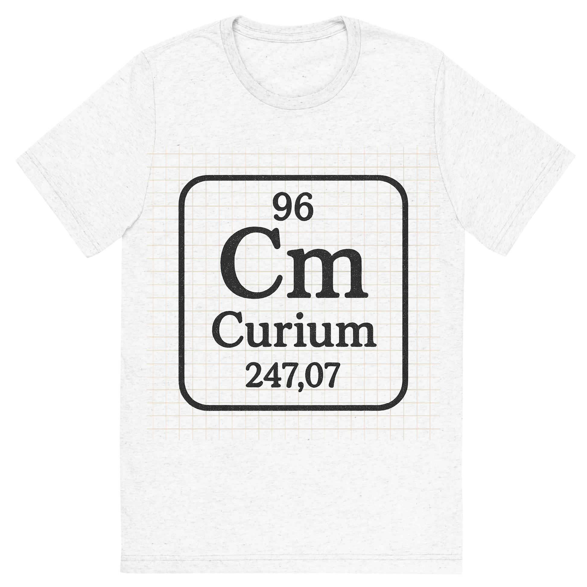 Front view of a Premium Tri-Blend Crew Neck T-Shirt in Solid White showing 'A line art, nostalgic graphic of curium's entry on the periodic table, use a dark color for the lines and text'