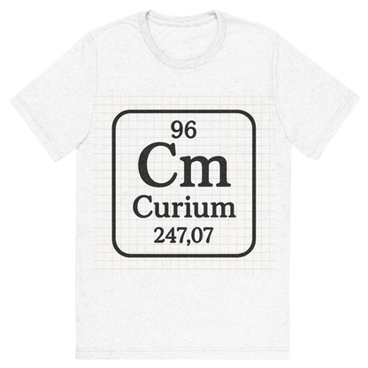 Front view of a Premium Tri-Blend Crew Neck T-Shirt in Solid White showing 'A line art, nostalgic graphic of curium's entry on the periodic table, use a dark color for the lines and text'