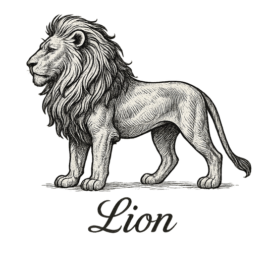 A flat, neutral graphic of a hand-drawn illustration of a lion in profile with a flowing mane and powerful stance. the word “lion” is written below in elegant script. detailed ink illustration on a white background. - a t-shirt design
