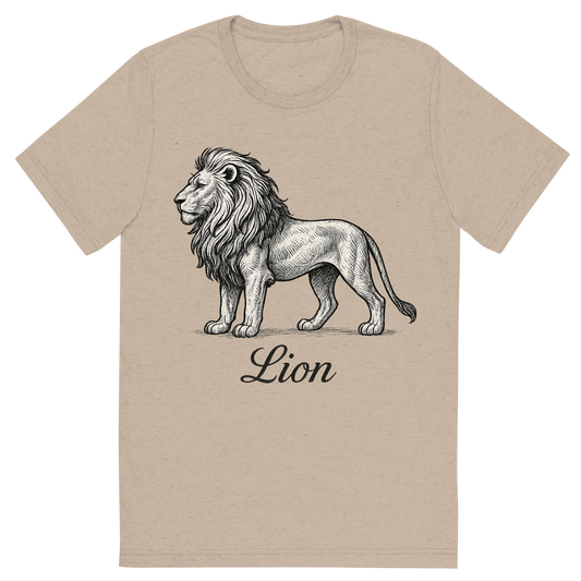 Front view of a Premium Tri-Blend Crew Neck T-Shirt in Tan showing 'A flat, neutral graphic of a hand-drawn illustration of a lion in profile with a flowing mane and powerful stance. the word “lion” is written below in elegant script. detailed ink illustration on a white background.'