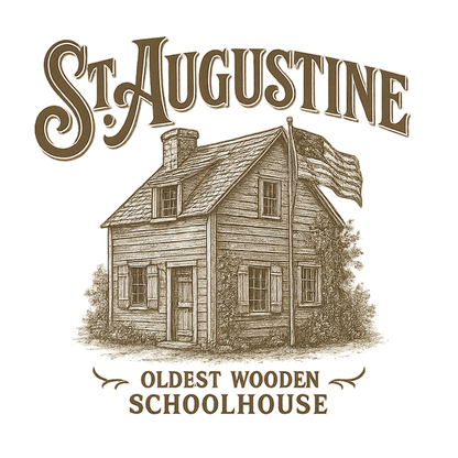 A typographic, nostalgic graphic of a typographic illustration of the words 'st. augustine' with a vintage line art drawing of the oldest wooden schoolhouse – a t-shirt design
