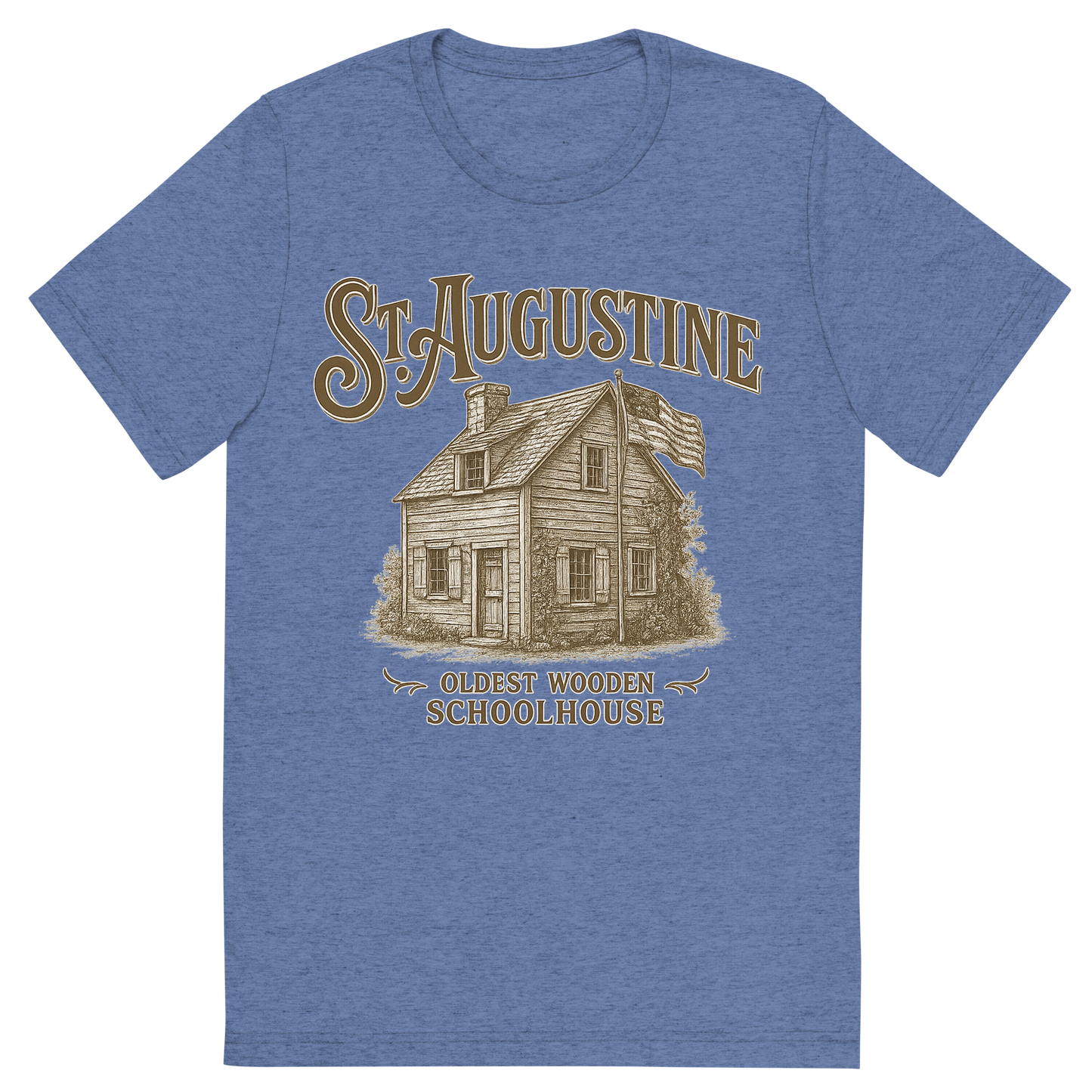 Front view of a Premium Tri-Blend Crew Neck T-Shirt in Blue showing 'A typographic, nostalgic graphic of a typographic illustration of the words 'st. augustine' with a vintage line art drawing of the oldest wooden schoolhouse'