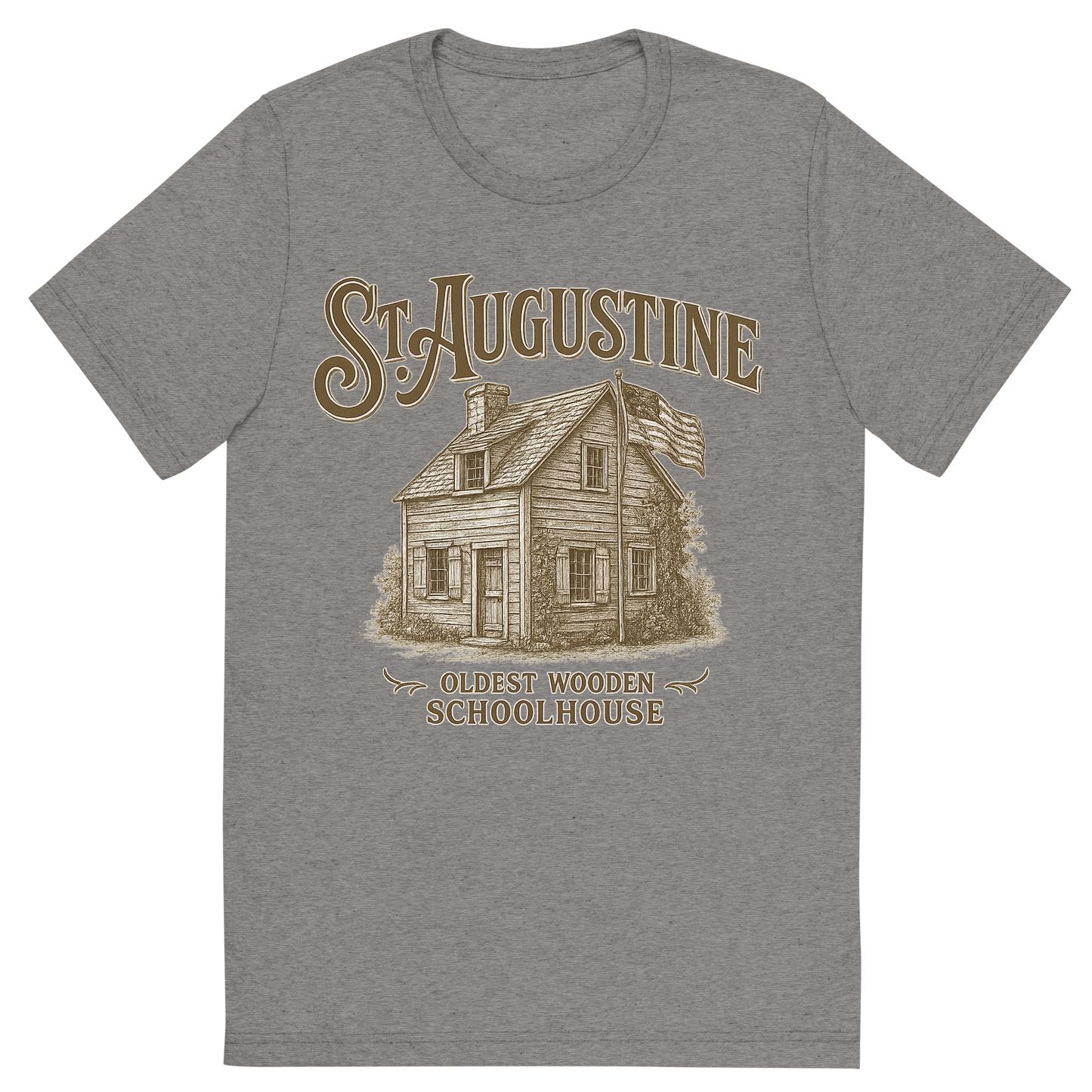 Front view of a Premium Tri-Blend Crew Neck T-Shirt in Grey showing 'A typographic, nostalgic graphic of a typographic illustration of the words 'st. augustine' with a vintage line art drawing of the oldest wooden schoolhouse'