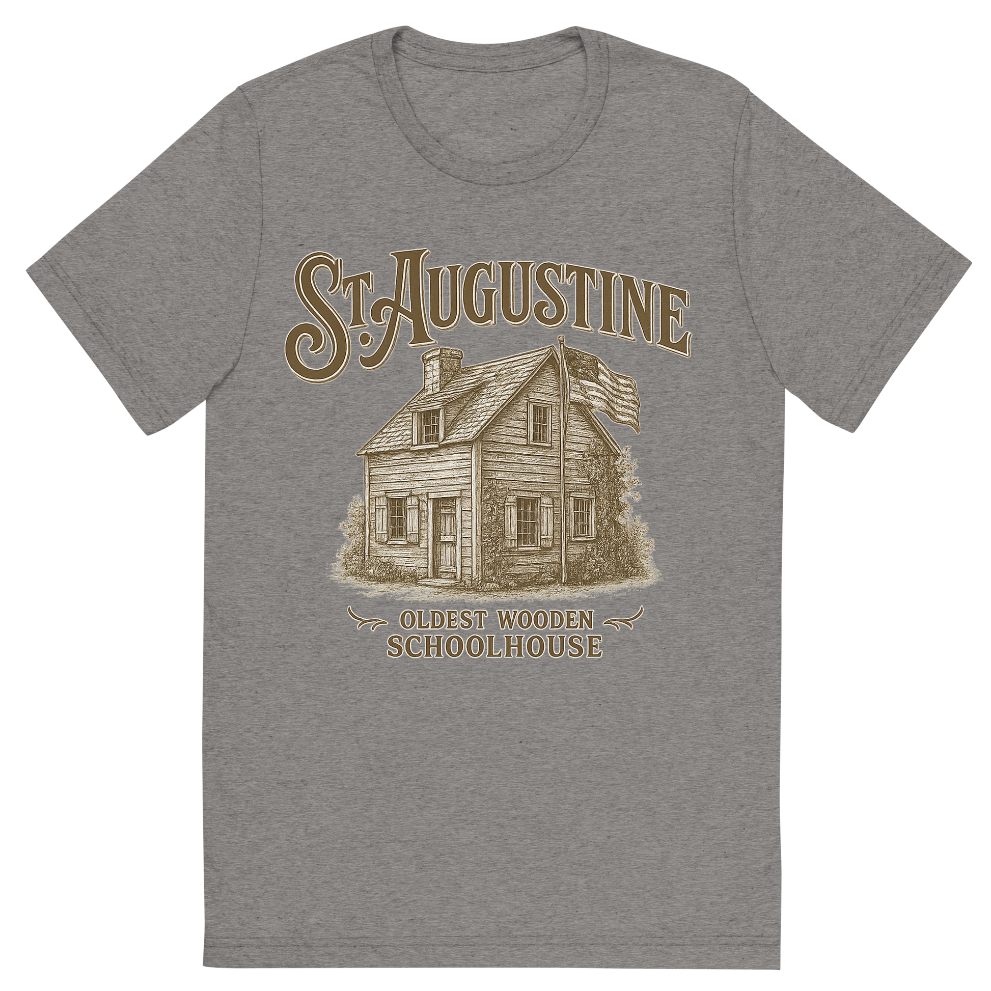 Front view of a Premium Tri-Blend Crew Neck T-Shirt in Grey showing 'A typographic, nostalgic graphic of a typographic illustration of the words 'st. augustine' with a vintage line art drawing of the oldest wooden schoolhouse'
