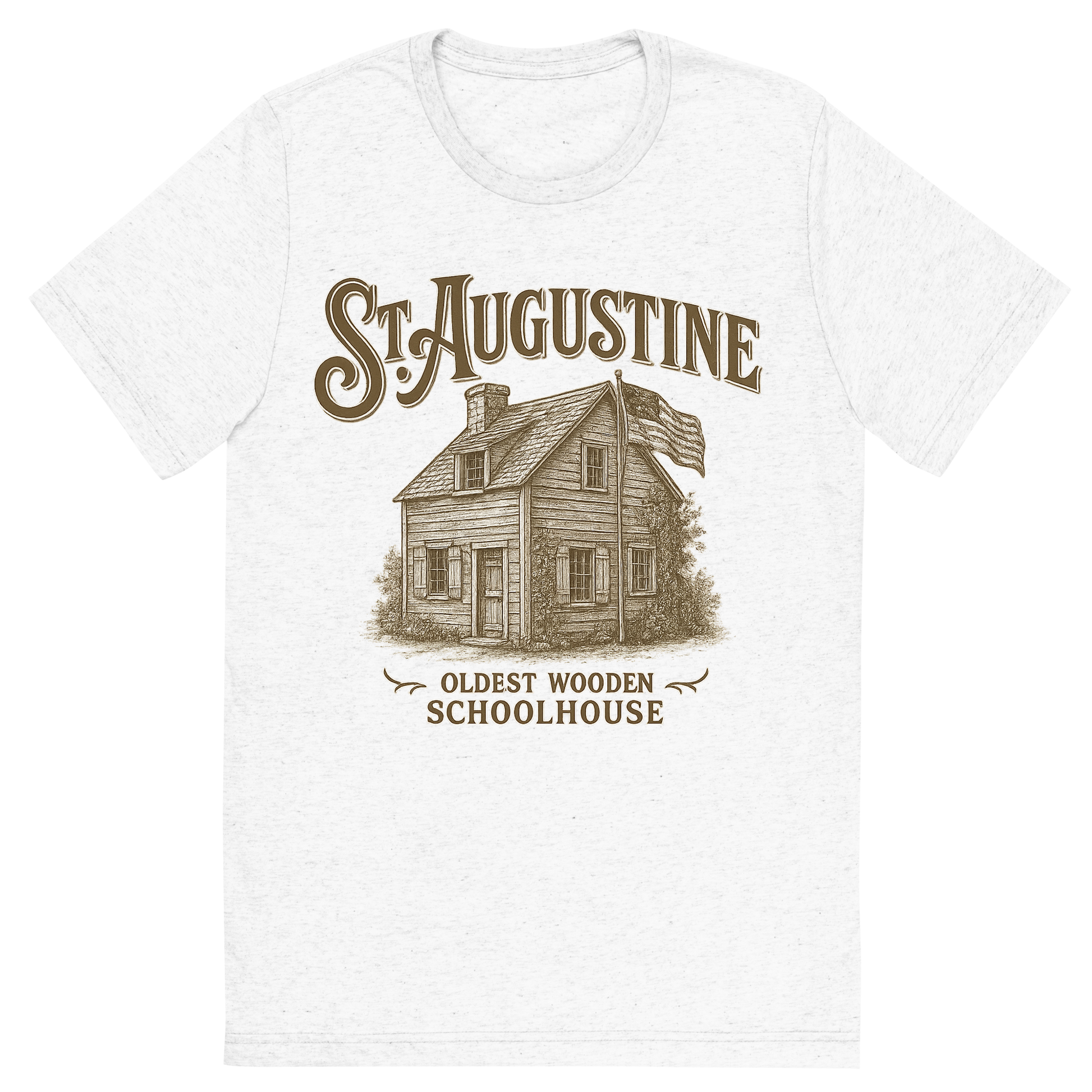 Front view of a Premium Tri-Blend Crew Neck T-Shirt in Solid White showing 'A typographic, nostalgic graphic of a typographic illustration of the words 'st. augustine' with a vintage line art drawing of the oldest wooden schoolhouse'