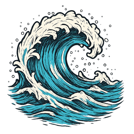 A hand-drawn ink with pops of color, dynamic graphic of a stylized crashing ocean wave with foamy details, hand-drawn ink with pops of blue and white, square layout, transparent background, optimized for dtg printing - a t-shirt design