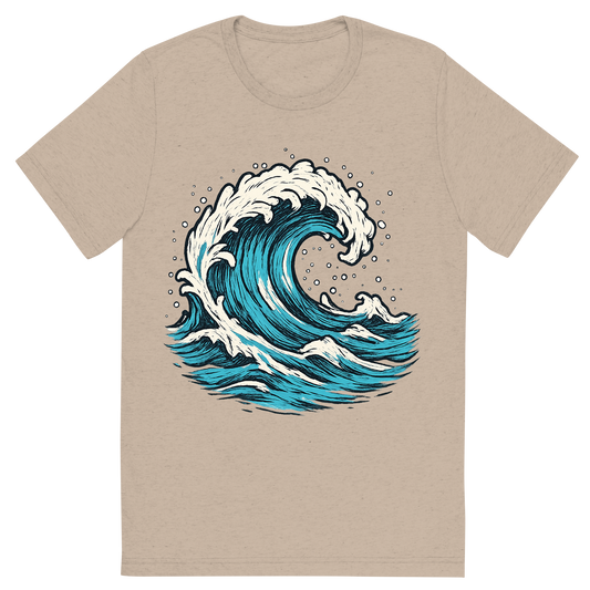 Front view of a Premium Tri-Blend Crew Neck T-Shirt in Tan showing 'A hand-drawn ink with pops of color, dynamic graphic of a stylized crashing ocean wave with foamy details, hand-drawn ink with pops of blue and white, square layout, transparent background, optimized for dtg printing'