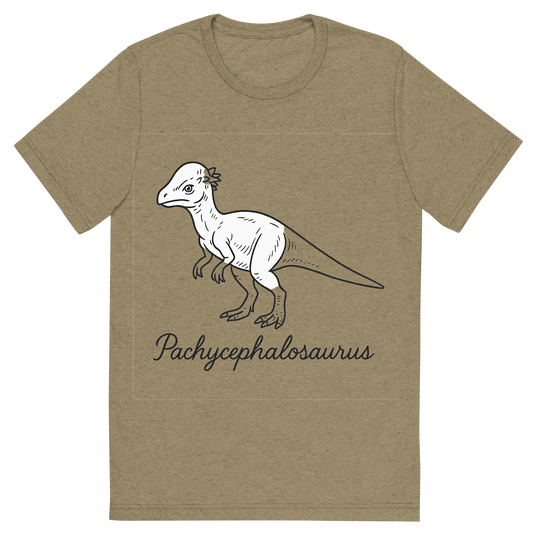 Front view of a Premium Tri-Blend Crew Neck T-Shirt in Olive showing 'A flat, neutral graphic of a line sketch of a pachycephalosaurus with domed skull and bipedal stance. “pachycephalosaurus” is written below in flowing script. ink illustration on a white background.'