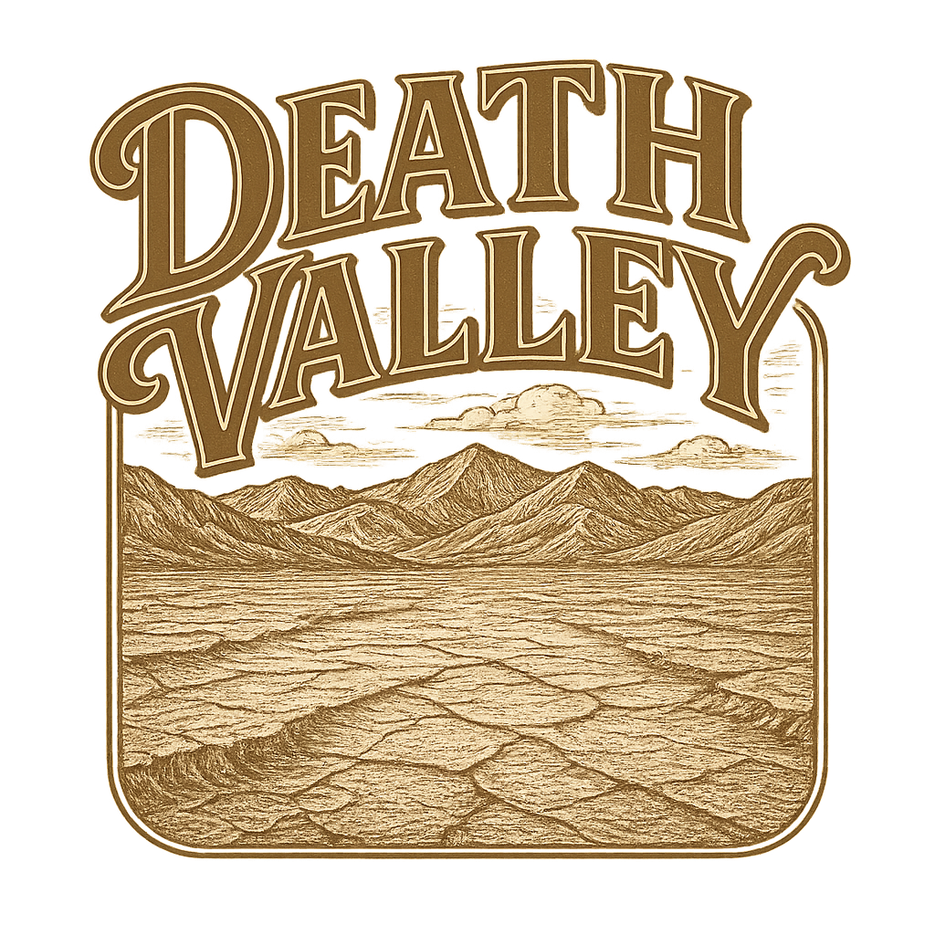 A typographic, nostalgic graphic of a typographic illustration of the words 'death valley' with a vintage line art drawing of the badwater basin – a t-shirt design