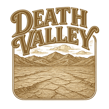 A typographic, nostalgic graphic of a typographic illustration of the words 'death valley' with a vintage line art drawing of the badwater basin – a t-shirt design