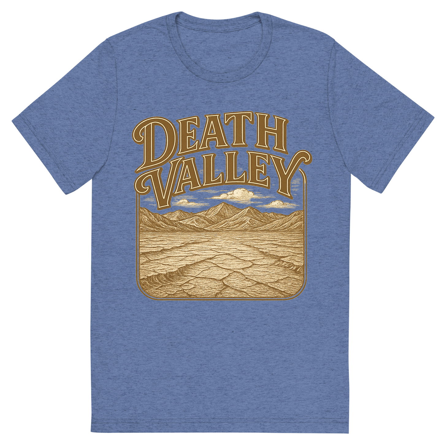 Front view of a Premium Tri-Blend Crew Neck T-Shirt in Blue showing 'A typographic, nostalgic graphic of a typographic illustration of the words 'death valley' with a vintage line art drawing of the badwater basin'