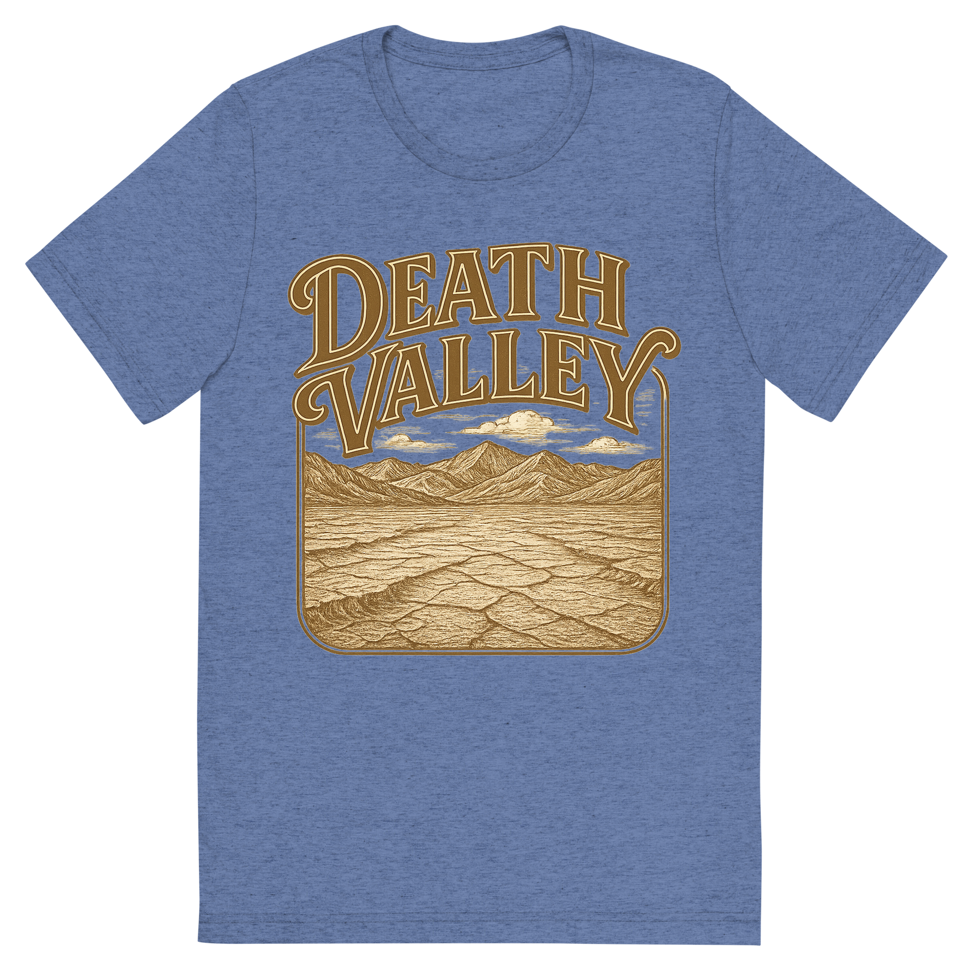 Front view of a Premium Tri-Blend Crew Neck T-Shirt in Blue showing 'A typographic, nostalgic graphic of a typographic illustration of the words 'death valley' with a vintage line art drawing of the badwater basin'