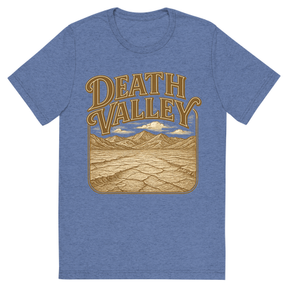 Front view of a Premium Tri-Blend Crew Neck T-Shirt in Blue showing 'A typographic, nostalgic graphic of a typographic illustration of the words 'death valley' with a vintage line art drawing of the badwater basin'