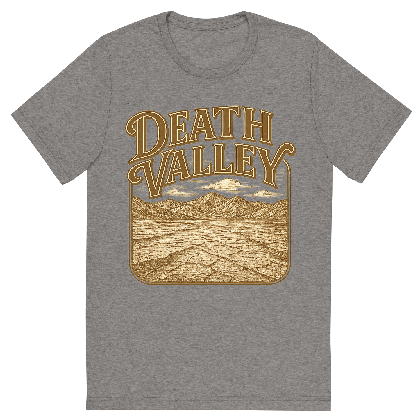 Front view of a Premium Tri-Blend Crew Neck T-Shirt in Grey showing 'A typographic, nostalgic graphic of a typographic illustration of the words 'death valley' with a vintage line art drawing of the badwater basin'