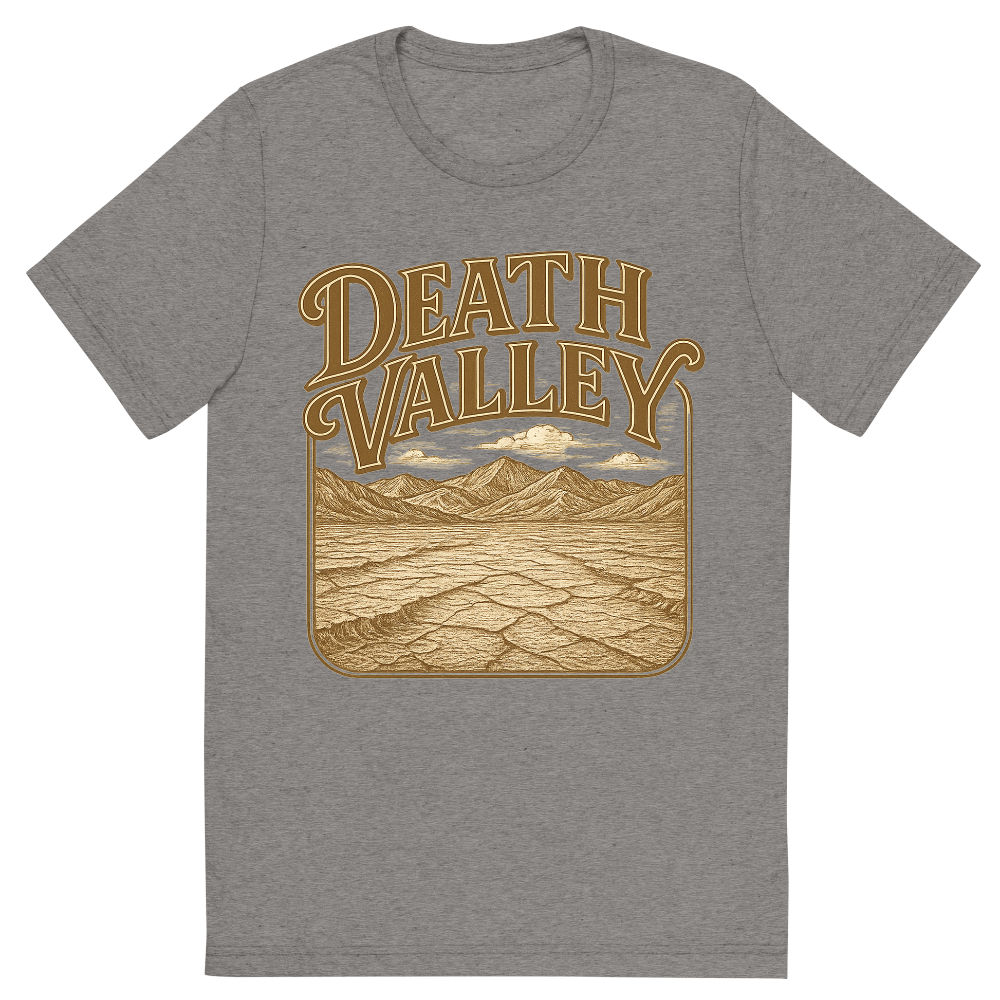 Front view of a Premium Tri-Blend Crew Neck T-Shirt in Grey showing 'A typographic, nostalgic graphic of a typographic illustration of the words 'death valley' with a vintage line art drawing of the badwater basin'