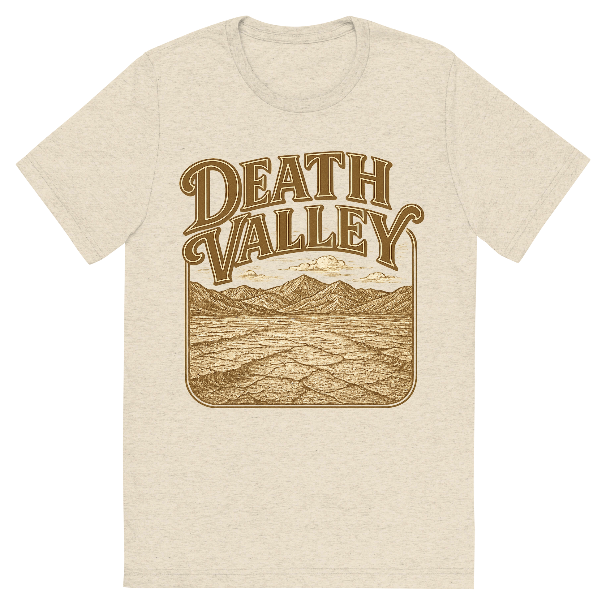Front view of a Premium Tri-Blend Crew Neck T-Shirt in Oatmeal showing 'A typographic, nostalgic graphic of a typographic illustration of the words 'death valley' with a vintage line art drawing of the badwater basin'