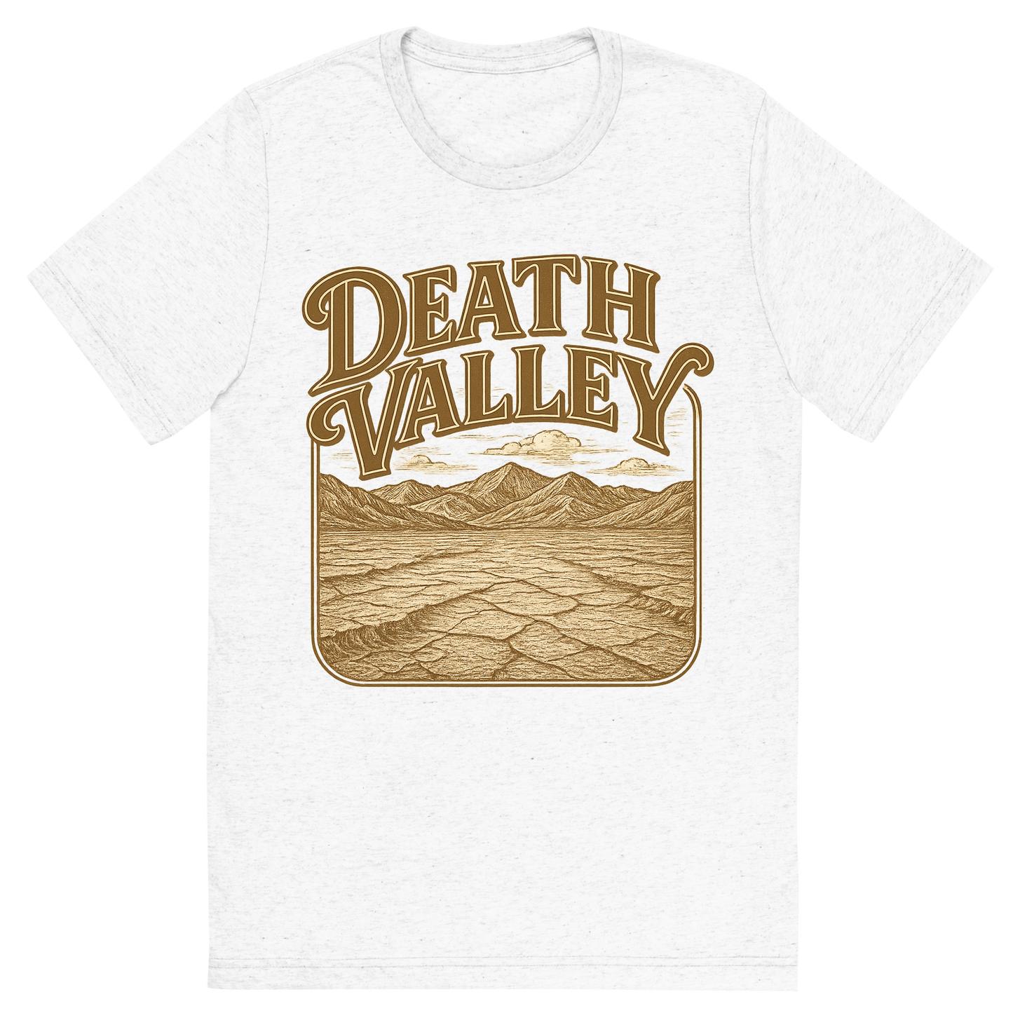 Front view of a Premium Tri-Blend Crew Neck T-Shirt in Solid White showing 'A typographic, nostalgic graphic of a typographic illustration of the words 'death valley' with a vintage line art drawing of the badwater basin'