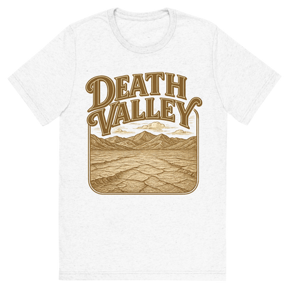 Front view of a Premium Tri-Blend Crew Neck T-Shirt in Solid White showing 'A typographic, nostalgic graphic of a typographic illustration of the words 'death valley' with a vintage line art drawing of the badwater basin'
