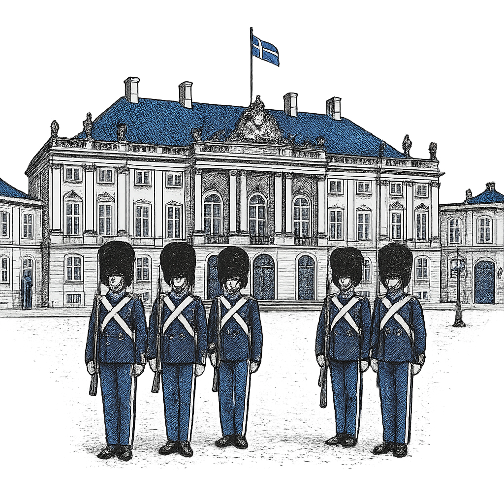 A hand-drawn ink with pop color, formal graphic of a refined ink-style illustration of amalienborg palace with danish guards in front and the words “amalienborg palace” in gold-trim lettering above. transparent background, centered layout, royal blue and gray pops. optimized for dtg. - a t-shirt design
