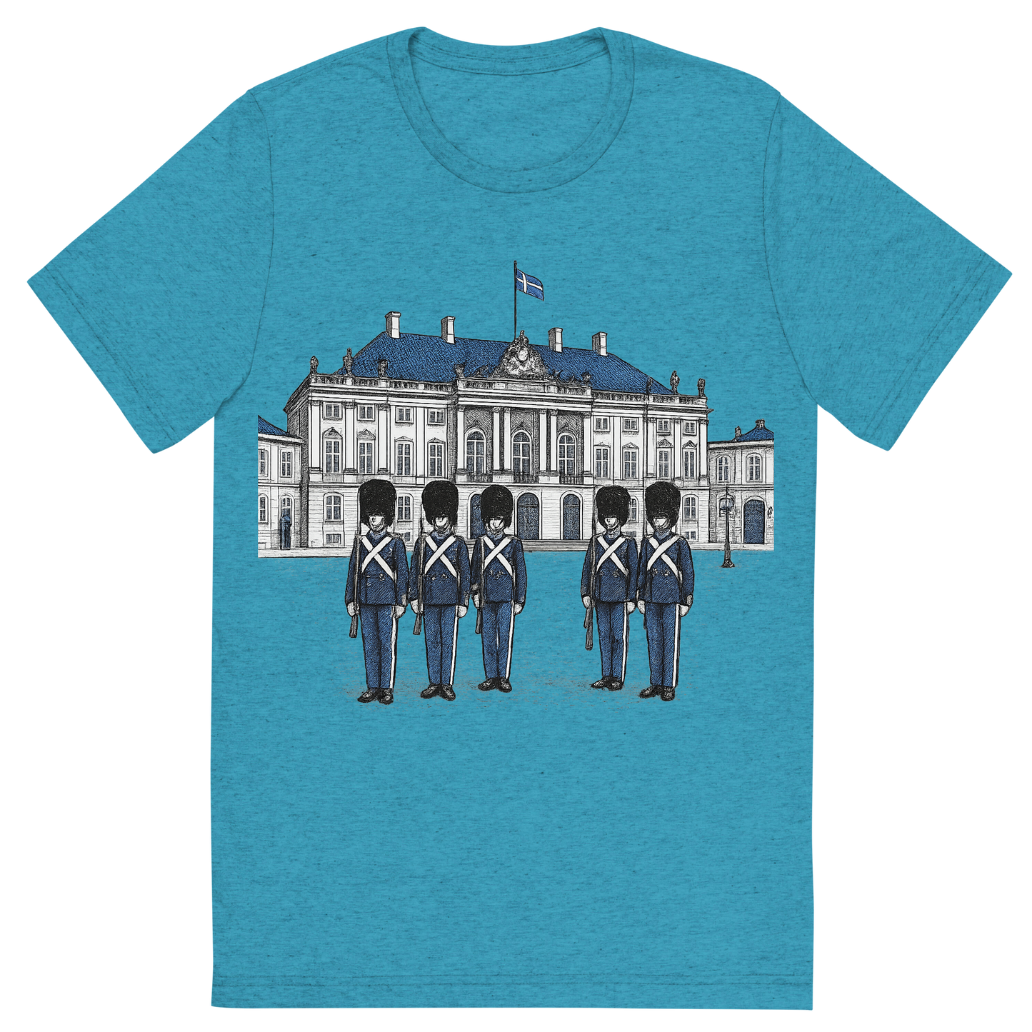 Front view of a Premium Tri-Blend Crew Neck T-Shirt in Aqua showing 'A hand-drawn ink with pop color, formal graphic of a refined ink-style illustration of amalienborg palace with danish guards in front and the words “amalienborg palace” in gold-trim lettering above. transparent background, centered layout, royal blue and gray pops. optimized for dtg.'