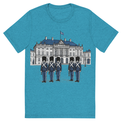 Front view of a Premium Tri-Blend Crew Neck T-Shirt in Aqua showing 'A hand-drawn ink with pop color, formal graphic of a refined ink-style illustration of amalienborg palace with danish guards in front and the words “amalienborg palace” in gold-trim lettering above. transparent background, centered layout, royal blue and gray pops. optimized for dtg.'