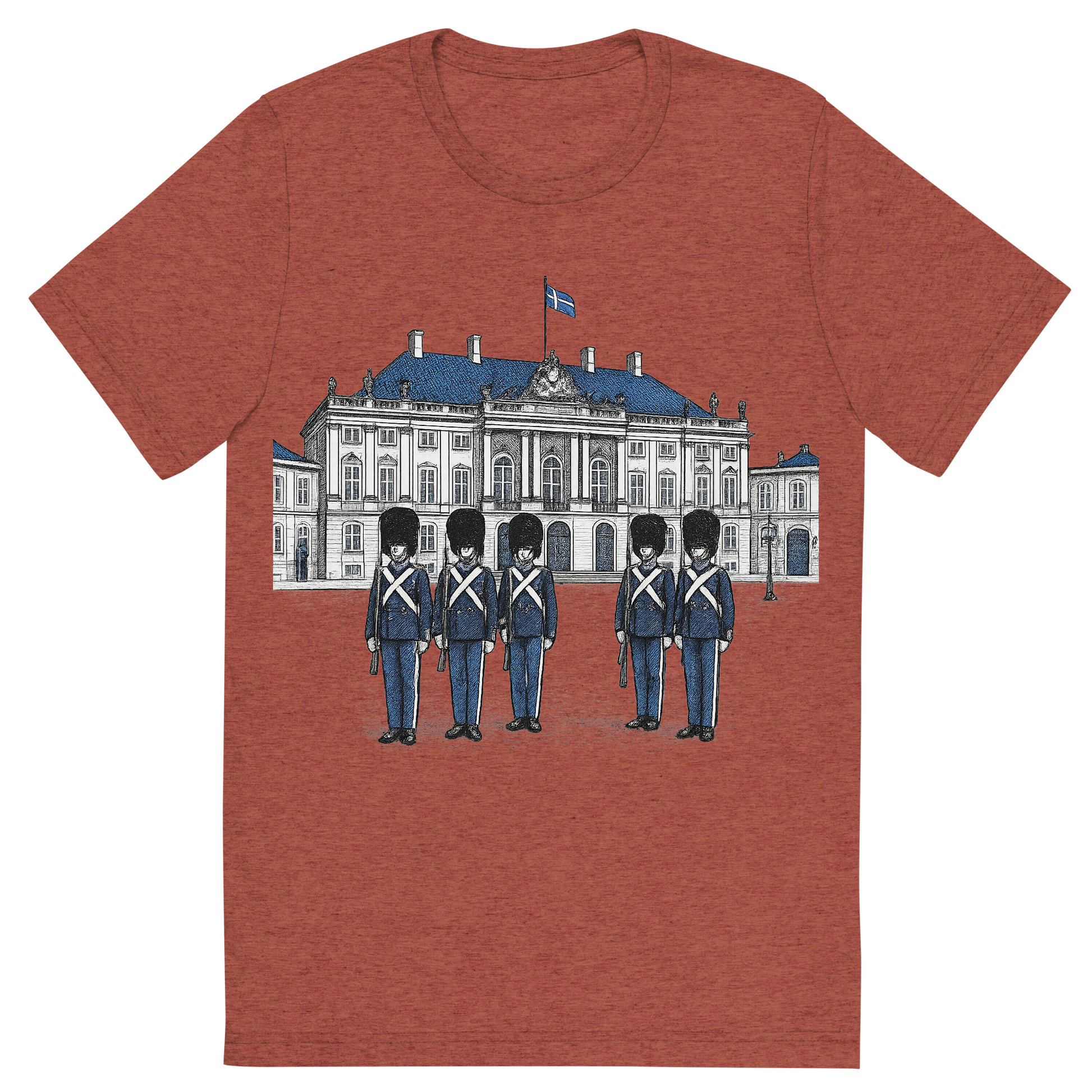 Front view of a Premium Tri-Blend Crew Neck T-Shirt in Clay showing 'A hand-drawn ink with pop color, formal graphic of a refined ink-style illustration of amalienborg palace with danish guards in front and the words “amalienborg palace” in gold-trim lettering above. transparent background, centered layout, royal blue and gray pops. optimized for dtg.'